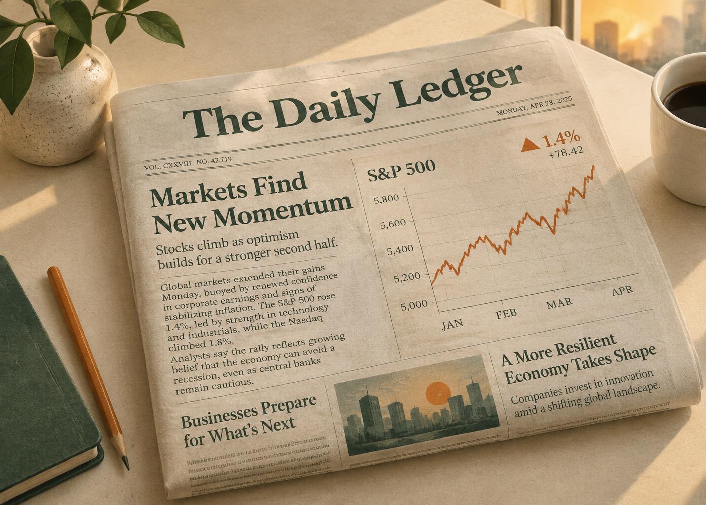 A morning paper open on a desk with a market chart